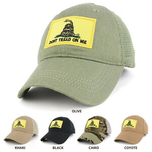 May include: A green, olive-colored, mesh-backed baseball cap with a yellow patch featuring a snake and the text "Don't Tread On Me". The cap is available in other colors, including khaki, black, camo, and coyote.