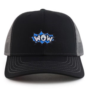 May include: Black and grey trucker hat with a blue and white "WOW" graphic on the front.
