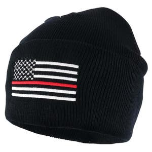 Fire Fighters Thin Red Line American Flag Embroidered Cuff Beanie Hat (SCFFFC-BLK)