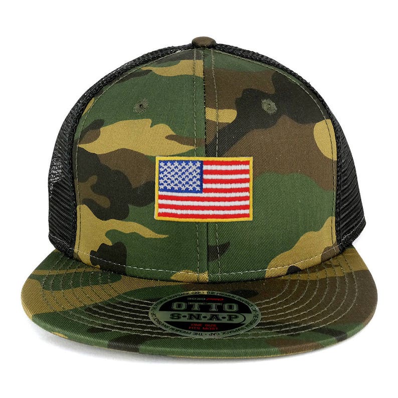 Small Yellow American Flag Embroidered Patch Camo Flat Bill Snapback Mesh Cap 153-1120-USA-FLAG-11 image 1