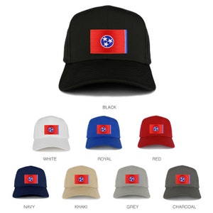 May include: A set of ten baseball caps featuring the Tennessee state flag. The caps are available in black, white, royal blue, red, navy blue, khaki, grey, and charcoal.