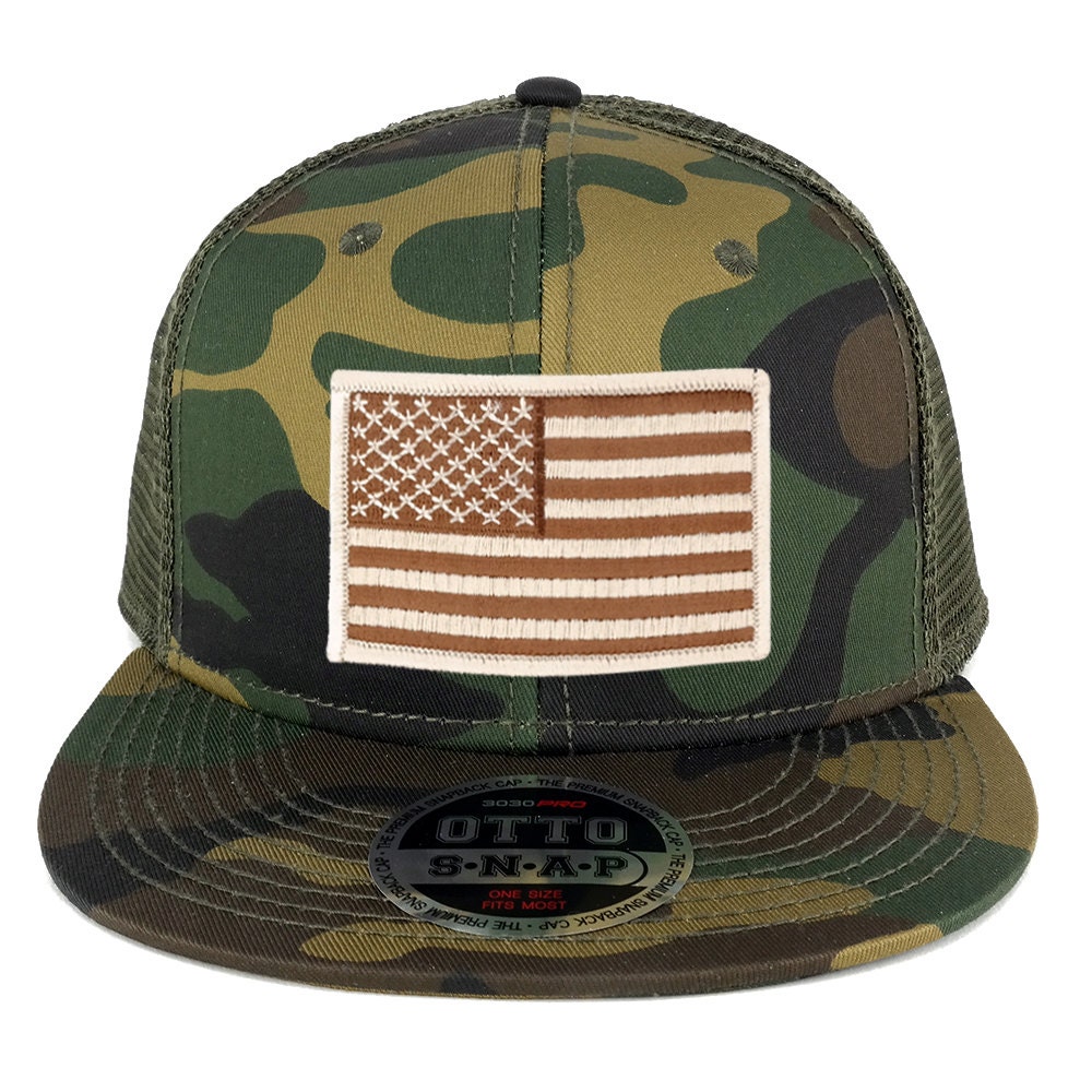 USA American Flag Embroidered Patch Camo Snapback Mesh Cap - Olive Camo With Black Olive Front, Adjustable Snapback