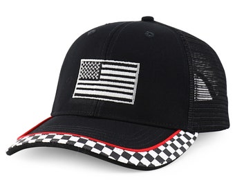 Grey American Flag Mesh Back Trucker Racing Cap Fits XS to 2XL