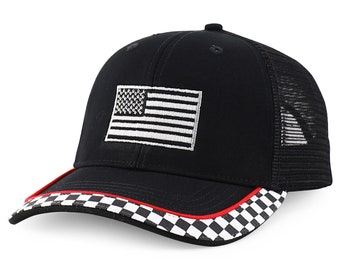 Grijze Amerikaanse vlag Mesh Back Trucker Racing Cap, geschikt voor XS tot 2XL