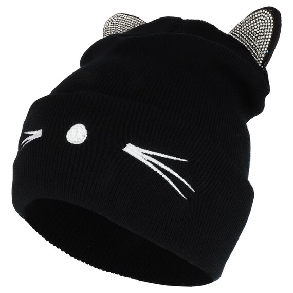 Rhinestone Cat Ear Long Cuff Beanie 