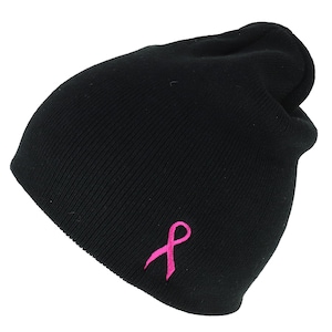 Breast Cancer Awareness Pink Ribbon Side Embroidered Short Beanie - Hot Pink or Black