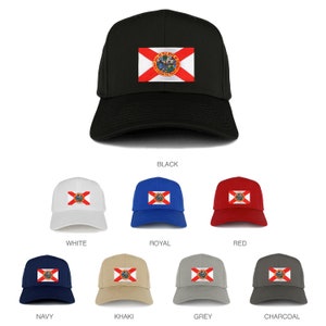 May include: A set of 10 baseball caps featuring the Florida state flag. The caps are available in black, white, royal blue, red, navy blue, khaki, grey, and charcoal.