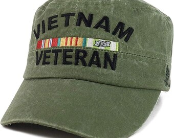 Vietnam Veteran Ribbon Embroidered Washed Pigment Dyed Flat Top Cap