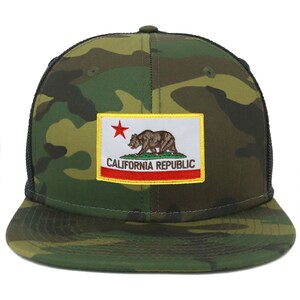 May include: A camouflage trucker hat with a black mesh back. The front of the hat features a patch with the California Republic flag, which includes a red star, a brown bear, and the words "CALIFORNIA REPUBLIC".