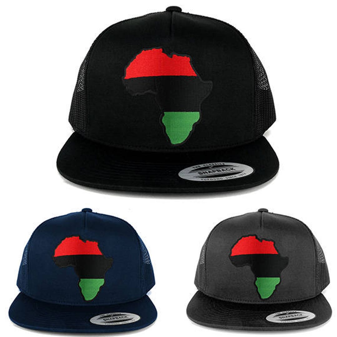 Africa Map Embroidered Patch Snapback Cap - Red Black Green 5-Panel Trucker Hat With Mesh Back