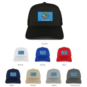 May include: A trucker hat with a mesh back featuring the Oklahoma state flag. The flag is blue with a white outline and depicts a Native American holding a spear and a tomahawk. The hat is available in 10 colours: black, white, royal blue, red, navy blue, khaki, grey, charcoal, pink, and teal.