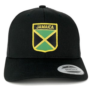 FLEXFIT Jamaica Flag Shield with Text Embroidered Patch Snapback Mesh Trucker Cap - Black (6606-FPS120-BLACK)
