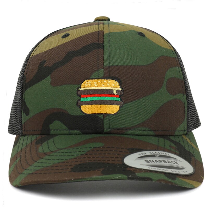 May include: A camouflage trucker hat with a black mesh back. The hat has an embroidered image of a hamburger with cheese, lettuce, and tomato.