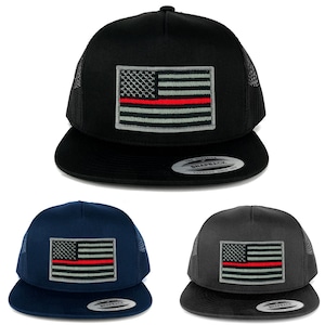 May include: Three trucker hats with a thin red line American flag patch. The hats are black, navy blue, and gray.