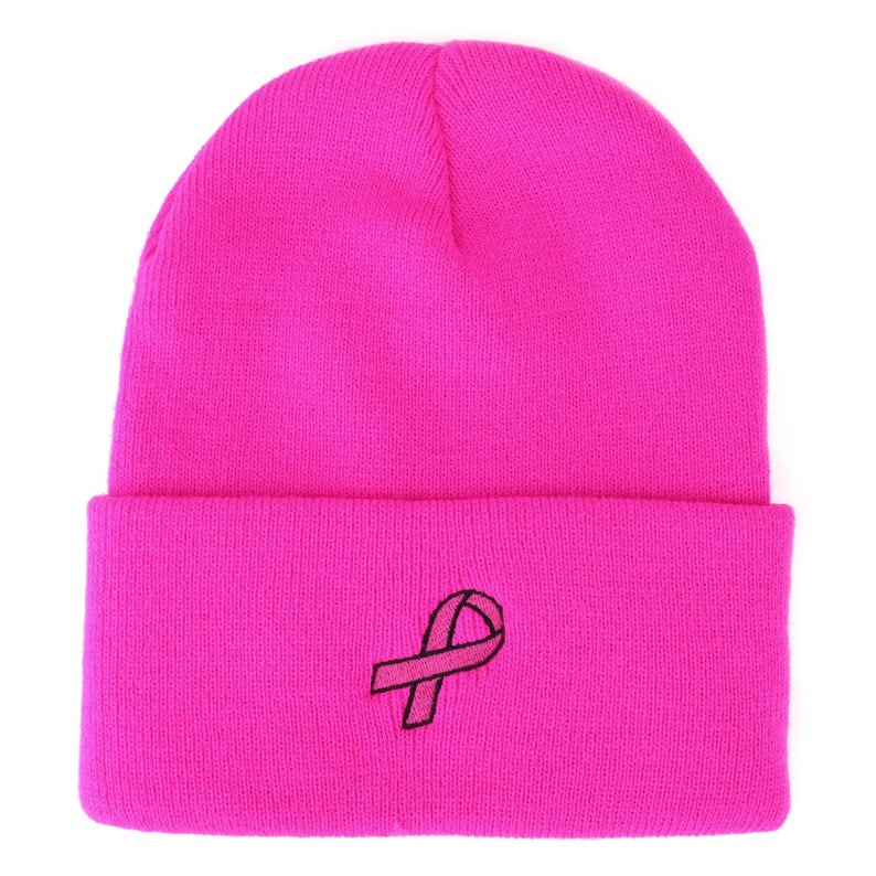 Sensibilisation au cancer du sein Ruban rose Brodé Long Beanie Rose chaud ou Noir image 4