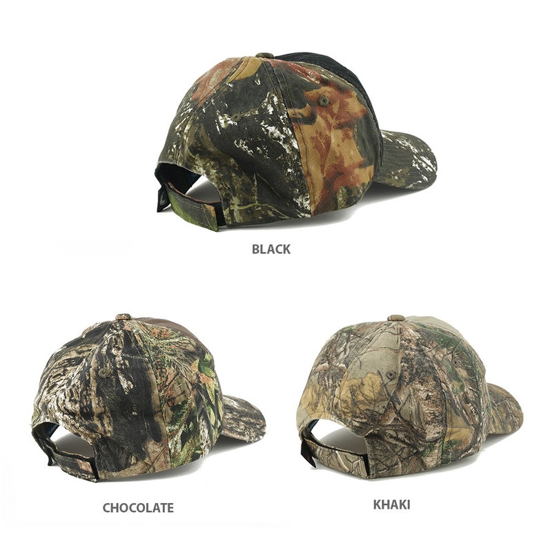 May include: Three camouflage baseball caps in black, chocolate, and khaki colors. The caps have a mesh back and a curved brim.