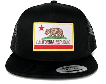 Oversize XXL California State Flag Patch 5 Panel Flatbill Snapback Mesh Cap