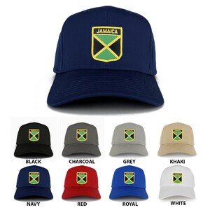 May include: A set of ten baseball caps in various colors, each featuring an embroidered patch with the Jamaican flag and the word "JAMAICA". The colors include black, charcoal, grey, khaki, navy, red, royal blue, and white.