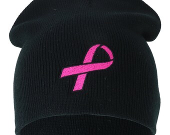 Breast Cancer Awareness Pink Ribbon Embroidered Short Beanie - Etsy