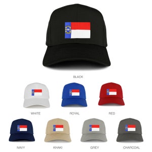 May include: A set of ten baseball caps featuring the North Carolina state flag embroidered on the front. The caps are available in ten different colors: black, white, royal blue, red, navy blue, khaki, grey, charcoal, dark green, and light blue.