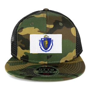 May include: A black and green camouflage trucker hat with a white patch featuring the state seal of Massachusetts. The hat has a black mesh back and a snap closure.