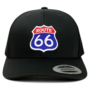Flexfit Route 66 Blue Red Patch Retro Fit Trucker Mesh Cap (6606-R66-BR)