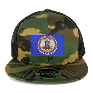 May include: A black and green camouflage trucker hat with a black mesh back. The hat features a patch of the Virginia state flag on the front.