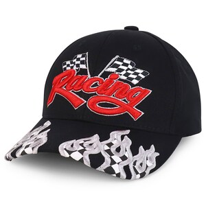 May include: Black baseball cap with a red "Racing" embroidered on the front. The cap has a checkered flag design on the bill and crown.