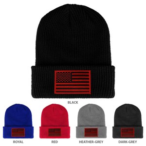 BLACK RED Amerikanische Flagge Gestickter Aufnäher Gerippte Strickmütze (1545K-BLKRED)
