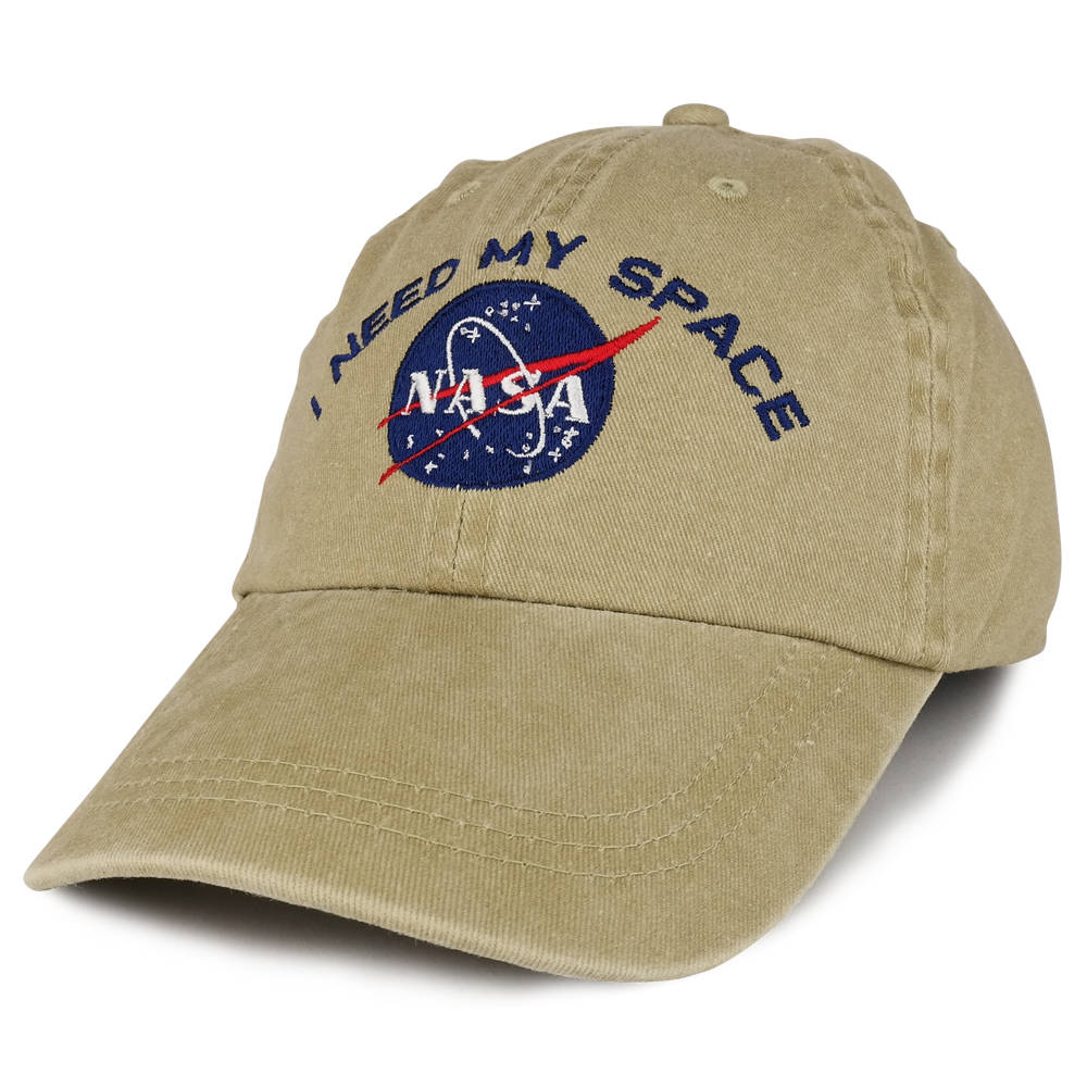 NASA 'I NEED MY SPACE' Embroidered Washed Cotton Cap - Olive Green Low Profile Snapback Hat