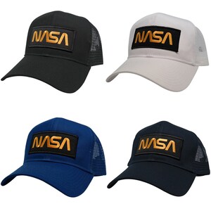NASA Worm Gold Text Patched Mesh Trucker Baseball Cap