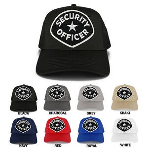 Puede incluir: Diez variaciones de color diferentes de una gorra de camionero de malla negra con una estrella bordada en blanco y el texto "SECURITY OFFICER".