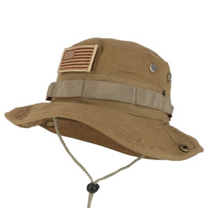 Military American Flag Hook and Loop Patch Boonie Cap with Chin Strap