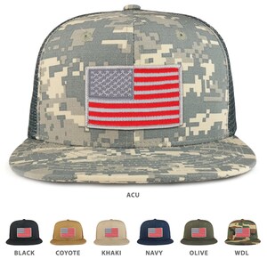 May include: A camouflage trucker hat with a red, white, and blue American flag patch. The hat is available in 10 different colors, including black, coyote, khaki, navy, olive, and woodland.