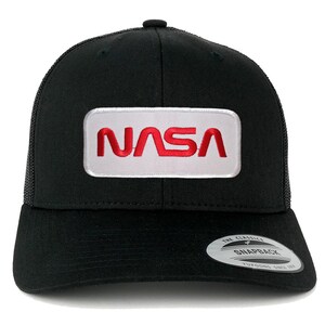 FLEXFIT NASA Worm Red Text Embroidered Iron on Patch Snapback Mesh Trucker Cap - Black (6606-PM303-BLACK)