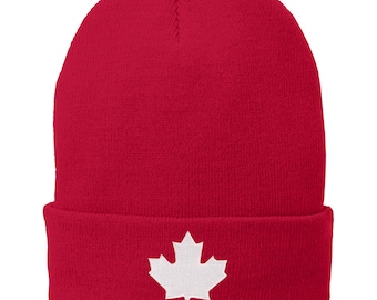 Bonnet d'hiver brodé feuille d'érable du Canada - Drapeau blanc - 3 couleurs