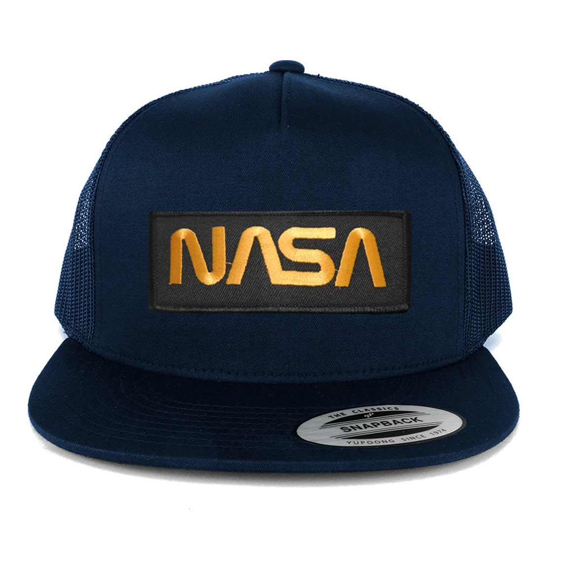 FLEXFIT 5 Panel NASA Worm Gold Text Embroidered Patch Snapback Mesh ...