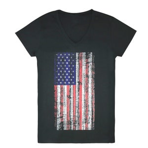 Vintage Distressed US American Flag Screen Print Cotton V Neck T Shirt  (RD-G03-800)