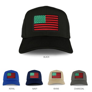 May include: A baseball cap with an American flag patch in red, white, and green. The cap is available in black, royal blue, navy blue, khaki, and charcoal.