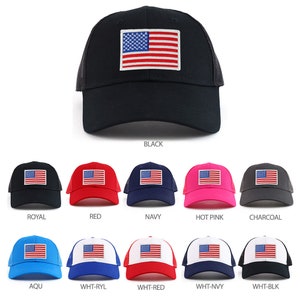 May include: A variety of trucker hats with an embroidered American flag patch. The hats are available in black, royal blue, red, navy blue, hot pink, charcoal, aqua, white with royal blue, white with red, white with navy blue, and white with black.
