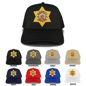 May include: A set of ten trucker hats in various colors, each featuring a gold star with the text "SECURITY OFFICER" and a small image of a security guard. The hats are available in black, charcoal, grey, khaki, navy, red, royal, and white.