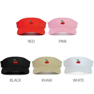 May include: Six visors with a cherry embroidery in different colours: red, pink, black, khaki, and white.