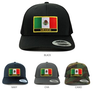 May include: Three trucker hats with a Mexican flag patch. The hats are black, navy blue, and camouflage. The flag patch features the Mexican flag with the words "Mexico" underneath.