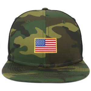 May include: A black and green camouflage trucker hat with a small American flag patch on the front.