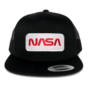 Oversize XXL NASA Worm Red Text Patch 5 Panel Flatbill Snapback Mesh Cap
