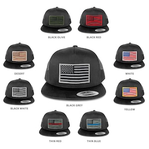 May include: Ten trucker hats with different colored American flag patches. The hats are black with a mesh back. The patches are in the colors: black olive, black red, desert, white, black grey, black white, yellow, thin red, thin blue.