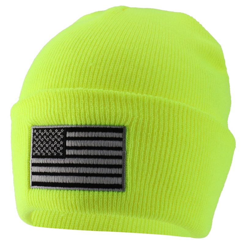 Armycrew Made In USA Beanie - Grey Knit Cuff Hat With Embroidered American Flag