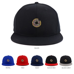 May include: A black, red, navy, black and red, and black and grey baseball cap with a donut embroidered on the front. The donut is brown with colorful sprinkles.