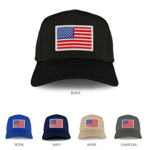 May include: A baseball cap with an embroidered American flag patch. The cap is available in black, royal blue, navy blue, khaki, and charcoal.