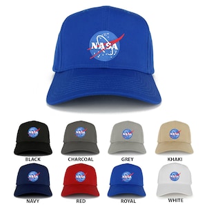 May include: A set of 10 baseball caps in various colors, each featuring the NASA logo with a red and white design on a blue circle. The colors include black, charcoal, grey, khaki, navy, red, royal blue, and white.